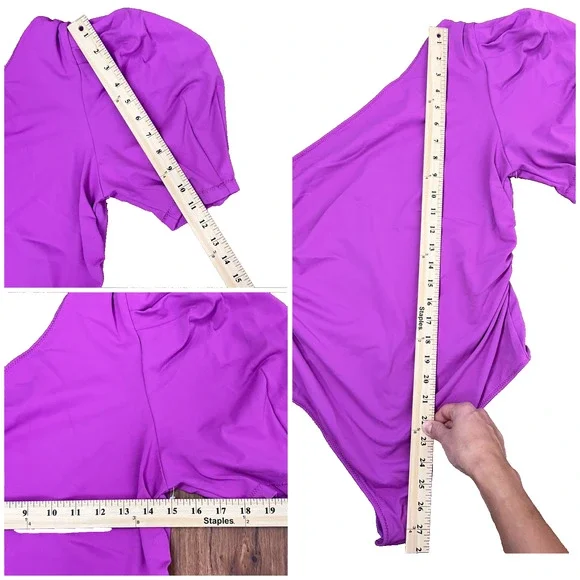 Free People One Shoulder Puff Sleeve L Bodysuit Magenta Ruched Side Stretchy - Picture 7 of 8